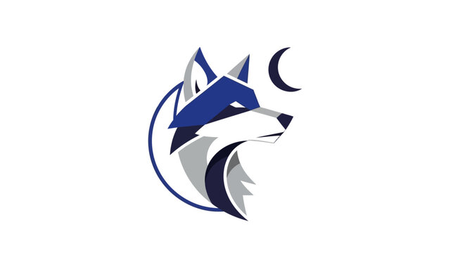 Stylized Wolf Head Logo with Crescent Moon, Modern Geometric Design, Blue and Grey