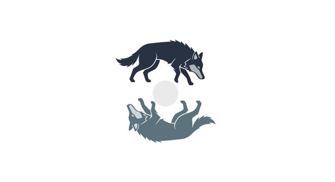 Two wolves, one upright, one upside down, with a glowing orb between them, on white background