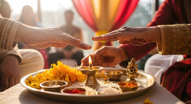 Couple performs a traditional blessing ritual by warming their hands over a lit brass oil lamp placed on a decorated metal tray.