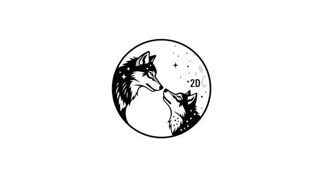 Two wolves, parent and cub, under a starry night sky in a circle logo