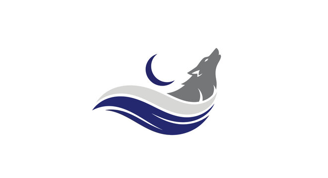 Wolf howling at crescent moon, stylized design with flowing waves, vector logo