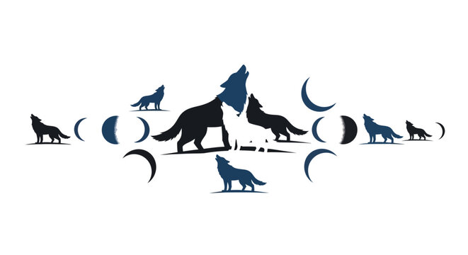 Wolf Pack Howling at Moon Phases Silhouette