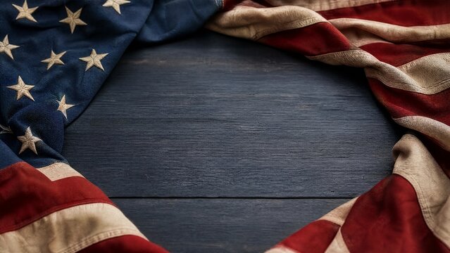 Vintage American flag border on a dark surface, minimalist patriotic decor with soft natural lighting.