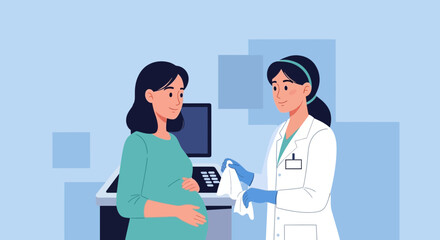 Fototapeta premium Pregnant Woman and Doctor Consulting Room, Medical Checkup Illustration