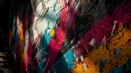 Naklejka premium Urban wall adorned with vibrant paint splatters, embodying abstract street art energy.