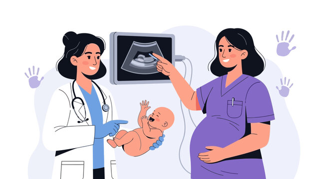 Pregnant woman and doctor looking at ultrasound image with baby