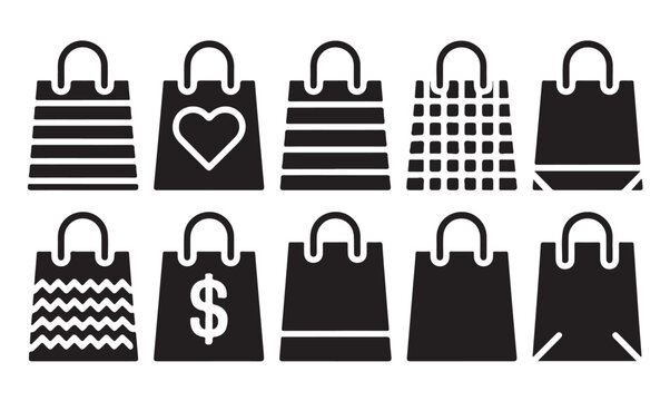 Patterned paper shopping bag silhouettes with heart and dollar sign symbols for retail marketing.