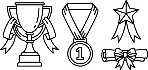 Naklejka premium Award and Success Line Icon Set with Trophy Cup First Place Medal Star Ribbon and Diploma Scroll for Achievement Celebrations