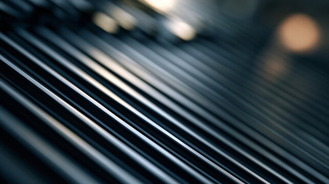 Close-up of a dark corrugated metal roofing panel showing sharp diagonal silver lines and geometric stripe patterns, the abstract industrial texture filling the frame with precision