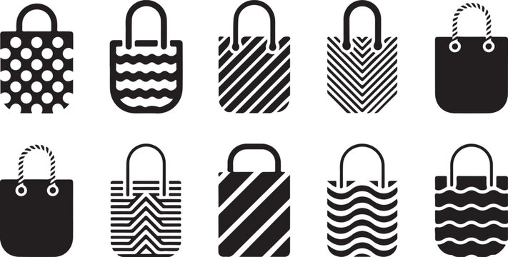 Collection of patterned shopping bag silhouettes featuring stripes polka dots and waves.