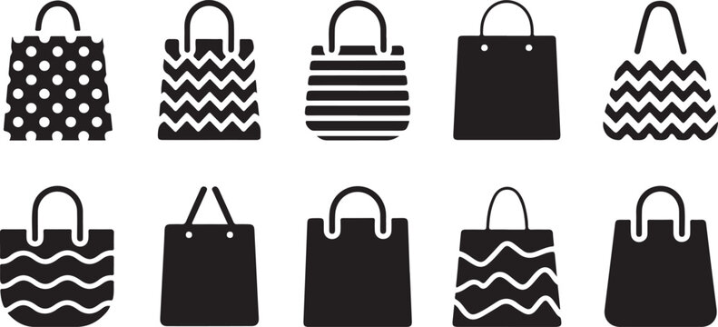 Set of ten shopping bag icons with various patterns, including polka dots and zigzags.