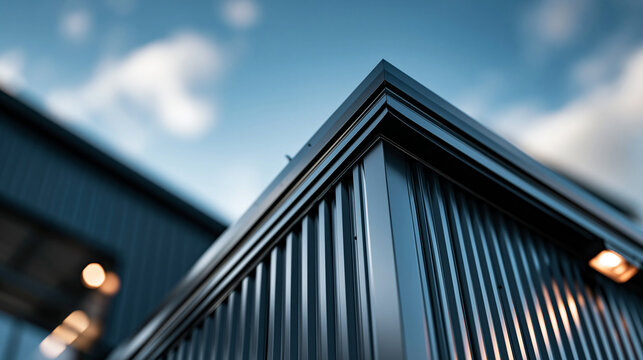 Low-angle perspective view of a modern industrial warehouse or factory building exterior with black aluminum corrugated metal wall cladding and a blue sky above, the geometric design