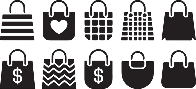 Set of ten distinct shopping bag icons with various patterns, including money and heart.