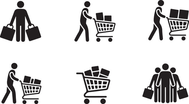 People with shopping carts and bags collection for retail store and consumer behavior theme.