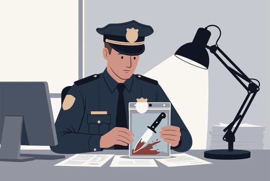 Police detective in uniform examines a bloody knife evidence bag under a desk lamp in a dark office during a criminal investigation scene.