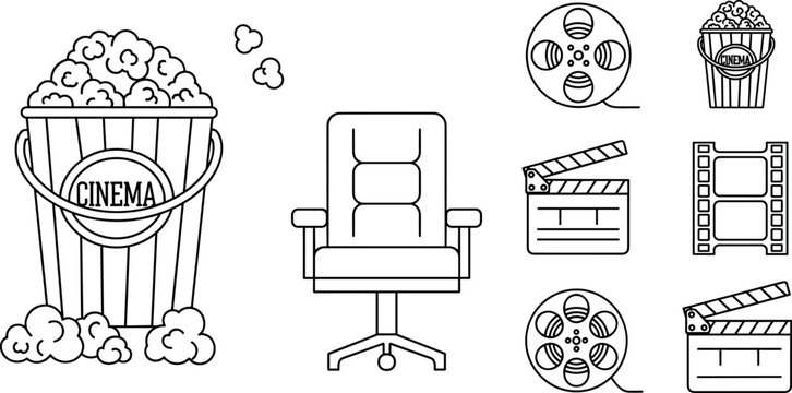 Cinema and movie vector icon set with popcorn bucket theater seat film reels and clapperboard outline line art elements