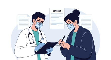 Fototapeta premium Doctor and Patient Signing Consent Form, Medical Procedure Illustration