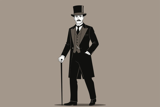 Elegant gentleman in a black victorian morning suit with a top hat and cane stands confidently against a neutral brown background.