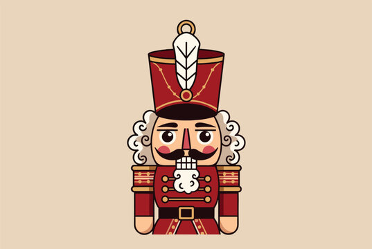 Traditional christmas nutcracker soldier toy in a red uniform with a tall hat and white feather stands against a warm background.