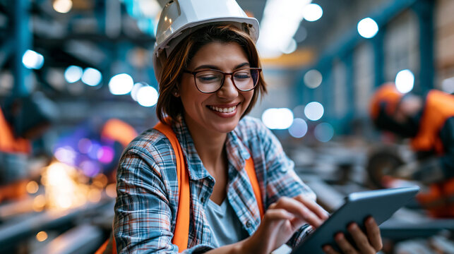 Smiling heavy industry supervisor in safety gear using a tablet in a large manufacturing facility, workers welding and grinding metal framework visible in the blurred background, defocused
