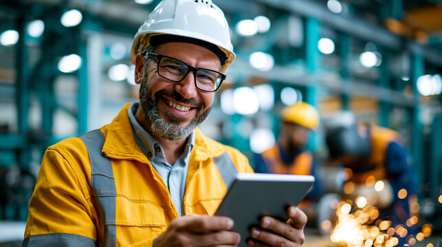 Smiling heavy industry supervisor in safety gear using a tablet in a large manufacturing facility, workers welding and grinding metal framework visible in the blurred background, defocused