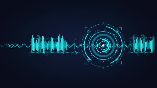 Animation of a futuristic HUD interface featuring a digital audio waveform and a circular data scanner, Concept of advanced technology, data analysis, and cyber security
