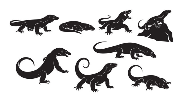 Collection of various black silhouette lizards in different poses