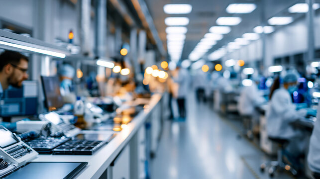 Modern industrial cleanroom or semiconductor fabrication facility interior with white walls, organized workflow stations, and workers in protective suits, representing precision