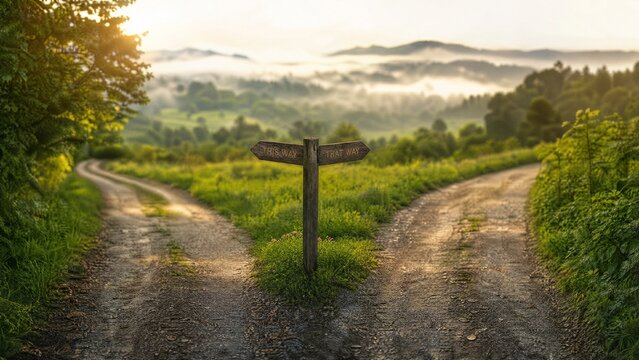 A quiet forked path through a peaceful landscape, bathed in soft morning light, symbolizing life's choices.