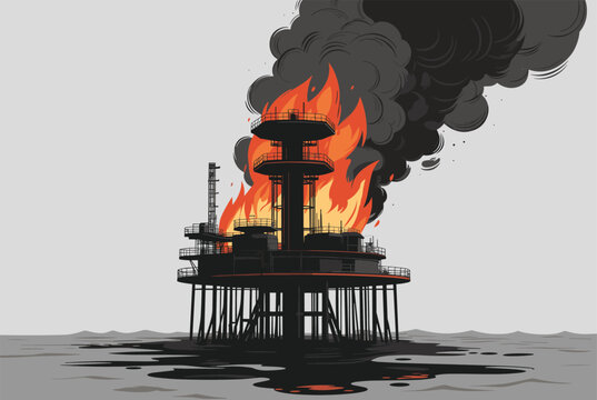 Massive fire and thick black smoke engulf an offshore oil rig platform situated in the middle of a vast gray sea under a cloudy sky.