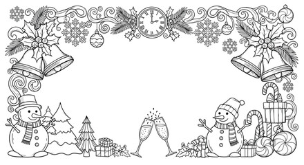 Obraz premium Detailed black and white coloring page style frame for winter holidays includes snowmen and bells with a clock striking midnight.