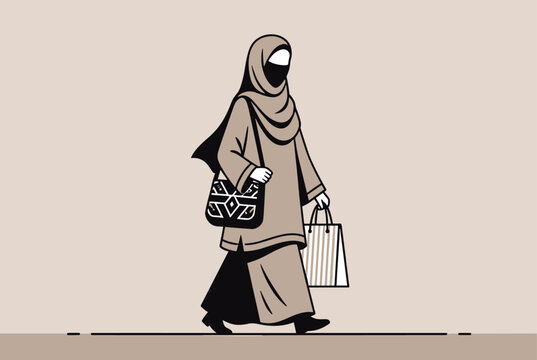Muslim woman wearing a traditional hijab and niqab walks confidently with several shopping bags in a minimalist line art illustration.