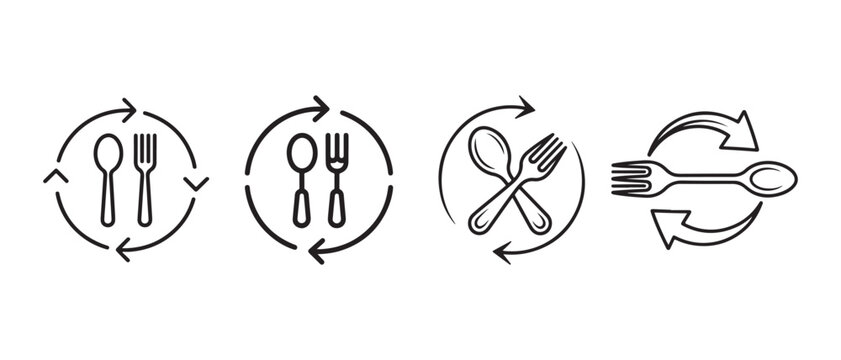 Set of line icons showing spoon and fork with recycling arrows for food waste management or sustainable dining concepts.