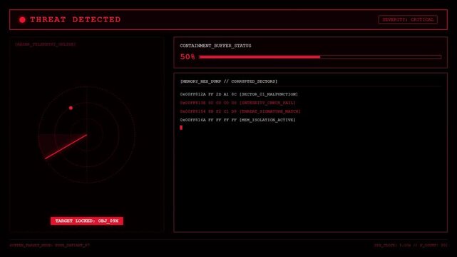 Threat Detected Critical Severity Alert Screen Showing Containment Buffer Status Percentage And Memory Hex Dump Corrupted Sectors Radar Telemetry Monitor.