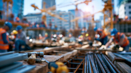 Obraz premium Blurred wide-angle view of a busy construction site at midday, workers engaged in various tasks surrounded by cranes, building materials, and scaffolding in a large-scale urban construction