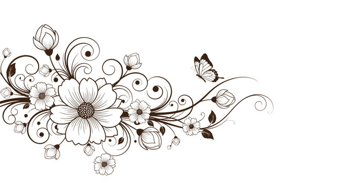 Elegant floral vine design features a large central flower and a delicate butterfly with scrolling ornaments for wedding cards and invitations.