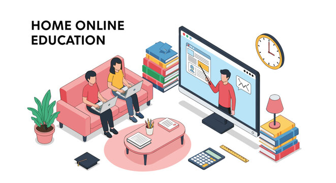 Isometric online education illustration shows children learning from home using laptops while watching a teacher on a large computer screen.