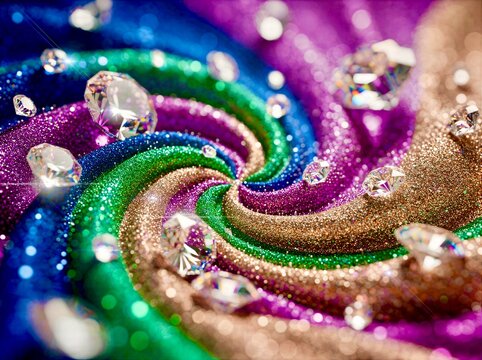 Rainbow Glitter Swirl Fabric with Sparkling Faceted Diamonds