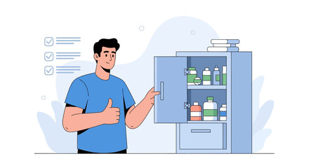 Fototapeta premium Man giving thumbs up by open medicine cabinet with health supplies