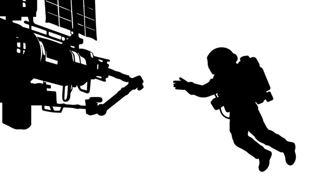 Black and White Silhouette of an Astronaut Floating Towards a Space Station Vector Art