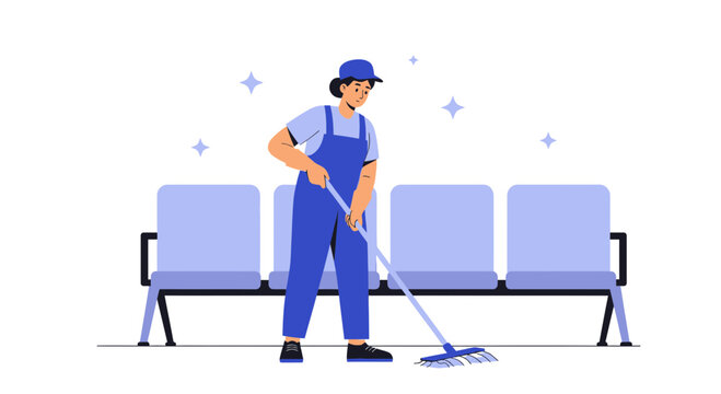 Cleaning lady mopping floor in waiting area, professional hygiene service, sparkling clean