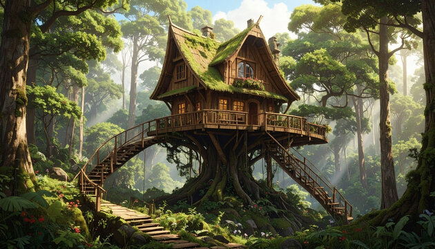 Fantasy treehouse forest scene