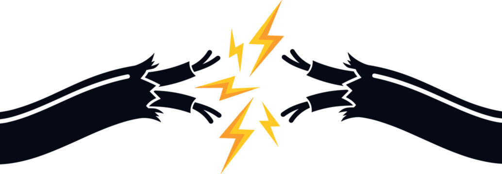 Damaged electrical wire with bright yellow sparks exploding vector illustration representing short circuit safety hazard