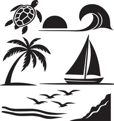 Obraz premium Set of seven abstract ocean and nature icons including turtle sun wave palm boat birds.