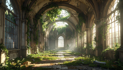 Obraz premium Abandoned ancient ruin overgrown with lush green vegetation