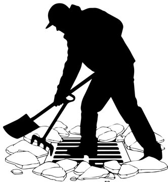 Silhouette of a Municipal Worker Clearing a Storm Drain with a Shovel and Rake Vector Illustration