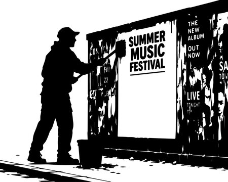 Silhouette of a Person Putting up a Summer Music Festival Poster on an Urban Wall, High Contrast Black and White Vector Illustration