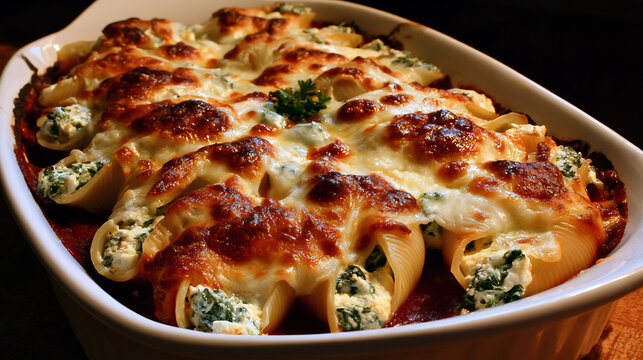 Baked jumbo pasta shells stuffed with ricocotta and spinach in tomato sauce