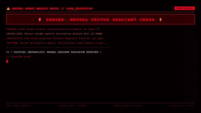 Neural Array Matrix Fault Core Exception Screen Displaying Inference Pipeline Unresponsive Banner Alert With Red Cyber Technical Warning System Status Logs.