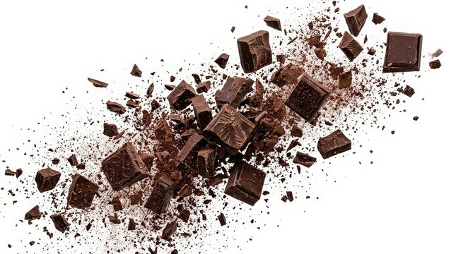 Dark chocolate chunks and crumbs explosion on white background